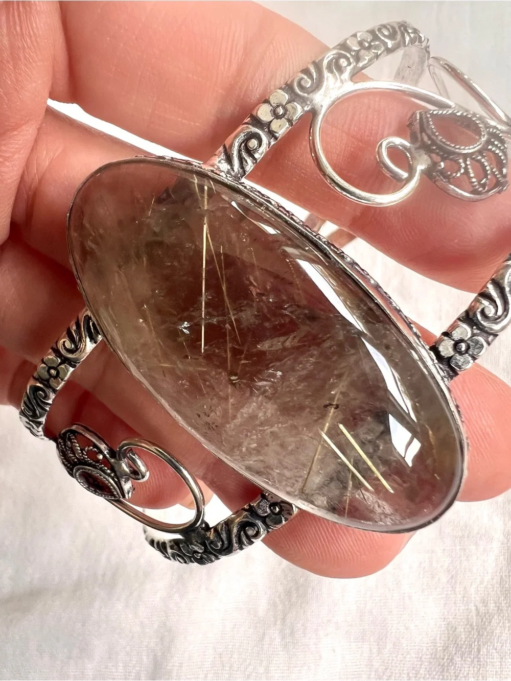925 Divine Light! GOLDEN Rutile Rutilated SMOKY Quartz Cuff Bracelet